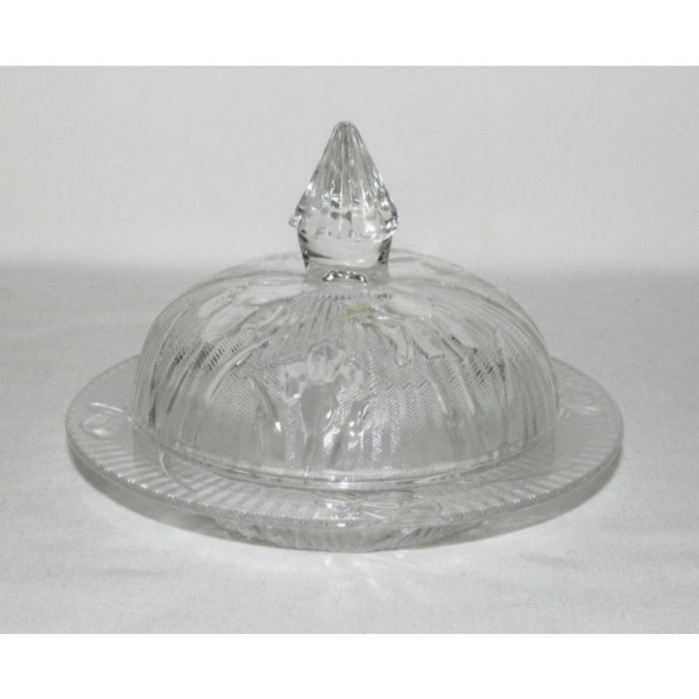 Jeannette Glass IRIS AND HERRINGBONE Crystal Butter Dish with Cover